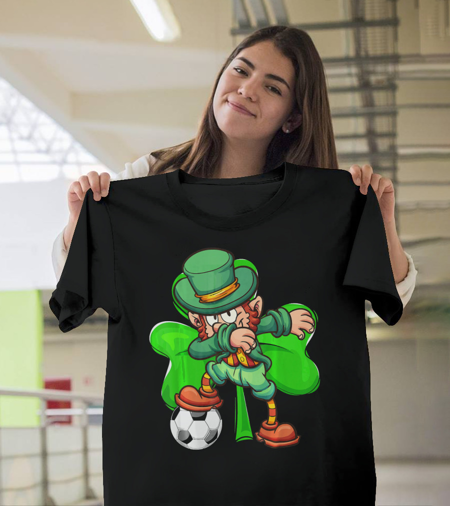 Dabbing Leprechaun Kicking Soccer Ball With Shamrock Background T-Shirt