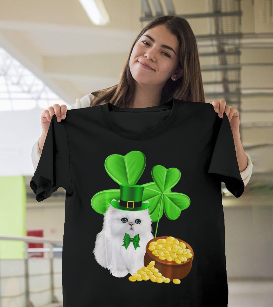 Persian Cat with Leprechaun Hat and Shamrocks St Patricks Day T-Shirt