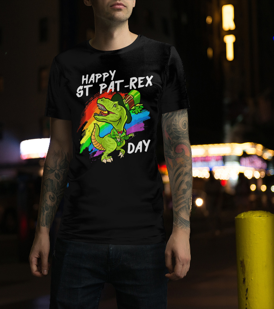 Happy St Pat Rex Day Cute St Patrick Dinosaur Rainbow T-Shirt