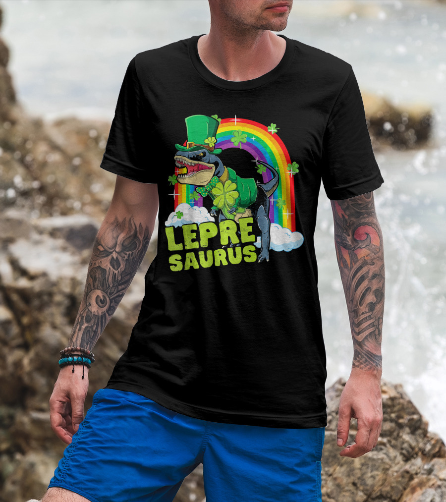 Lepresaurus Dinosaur With Shamrocks And Rainbow St Patrick's Day T-Shirt