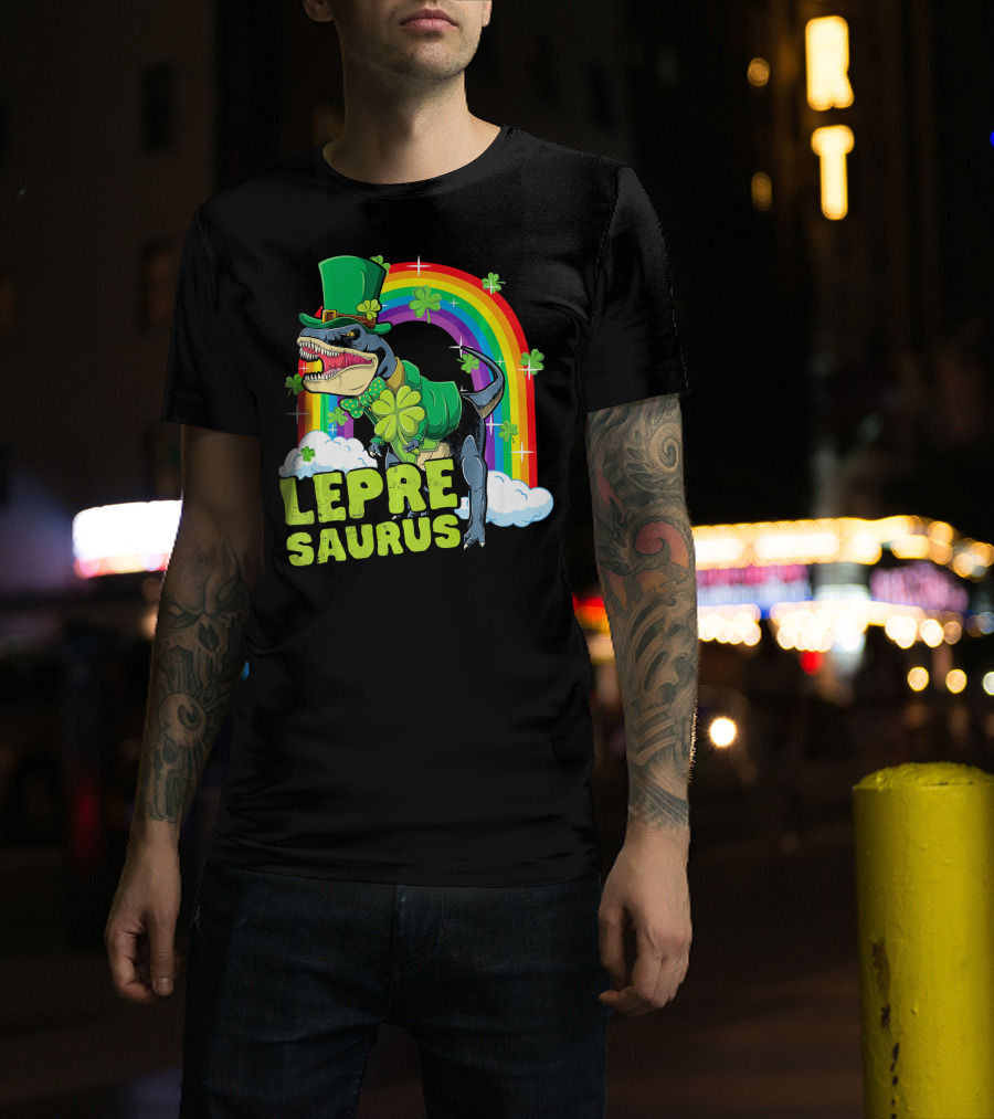 Lepresaurus Dinosaur With Shamrocks And Rainbow St Patrick's Day T-Shirt