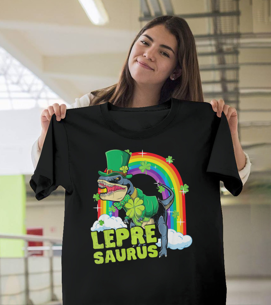 Lepresaurus Dinosaur With Shamrocks And Rainbow St Patrick's Day T-Shirt