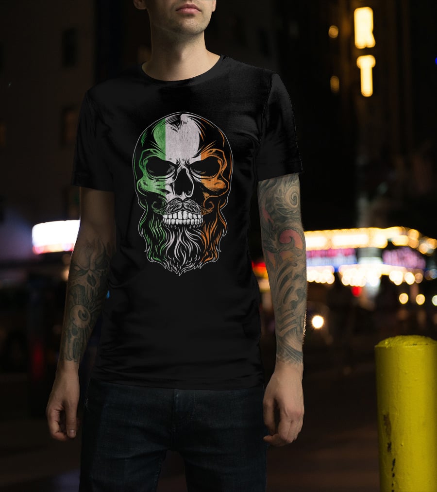 Irish Flag Bearded Skull St Patric St Patrick's Day T-Shirt