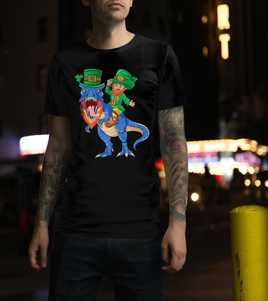 T Rex Dinosaur Ridden By Leprechaun St Patricks Day T-Shirt