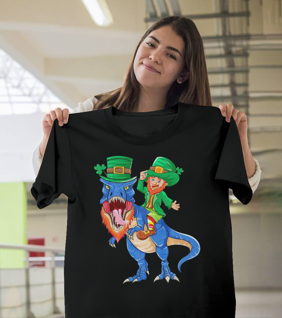 T Rex Dinosaur Ridden by Leprechaun St Patricks Day T-Shirt