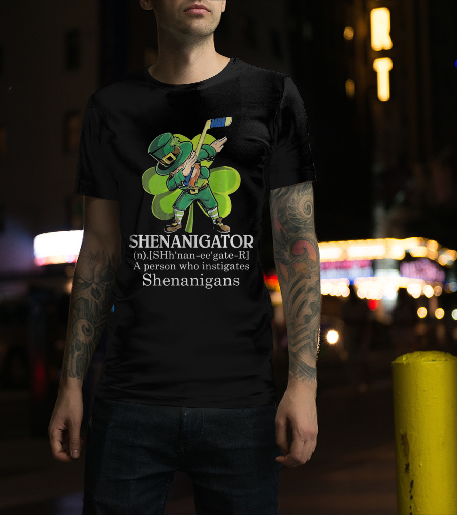 Shenanigator Dabbing Leprechaun Instigates Shenanigans Hockey Shamrock T-Shirt