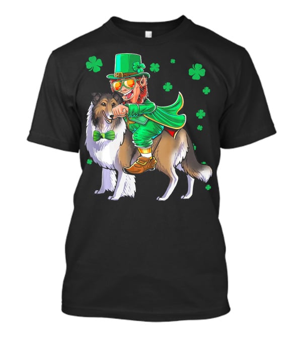 Leprechaun Riding Collie With Shamrocks For St. Patrick's Day T-Shirt
