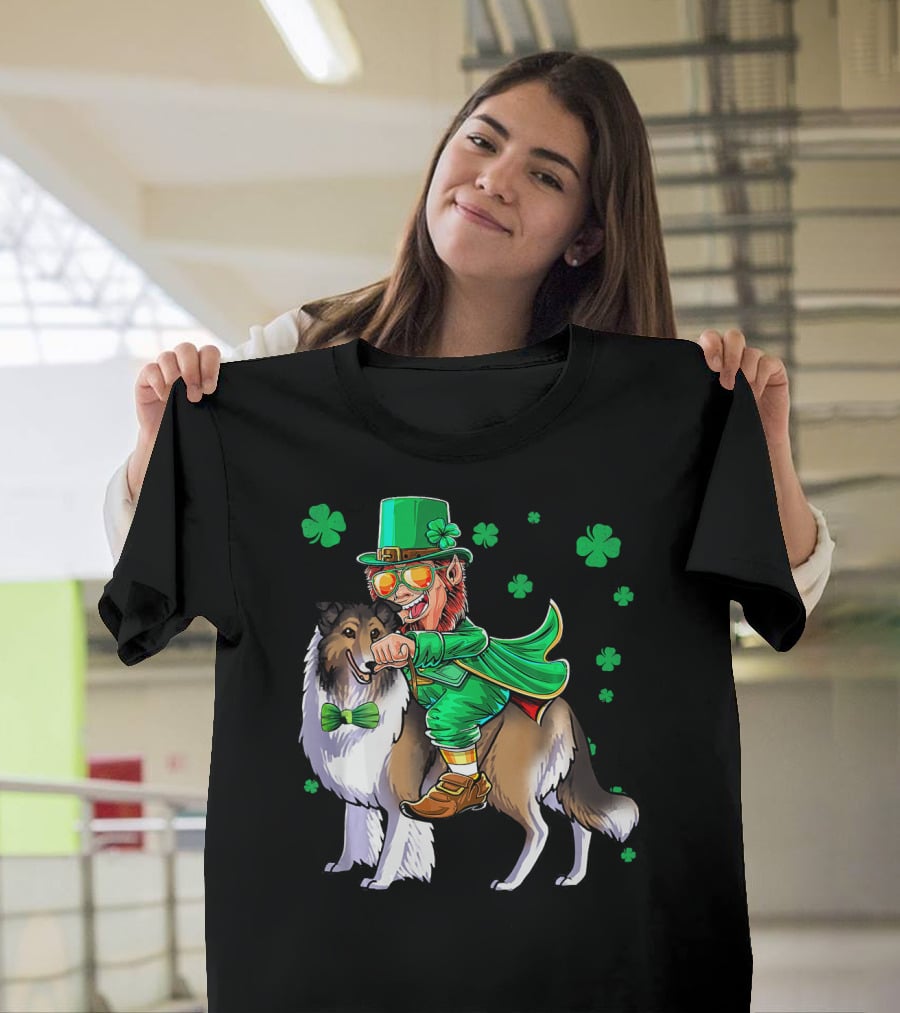 Leprechaun Riding Collie With Shamrocks For St. Patrick's Day T-Shirt