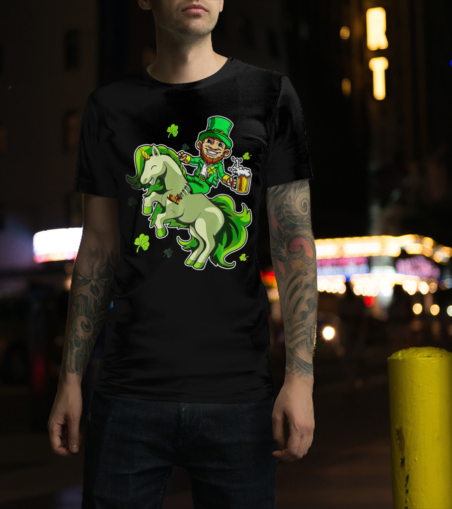 Leprechaun Riding A Green Unicorn Holding Beer With Shamrocks T-Shirt