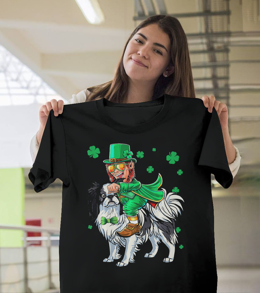 Leprechaun Riding Japanese Chin with Shamrock Clovers T-Shirt