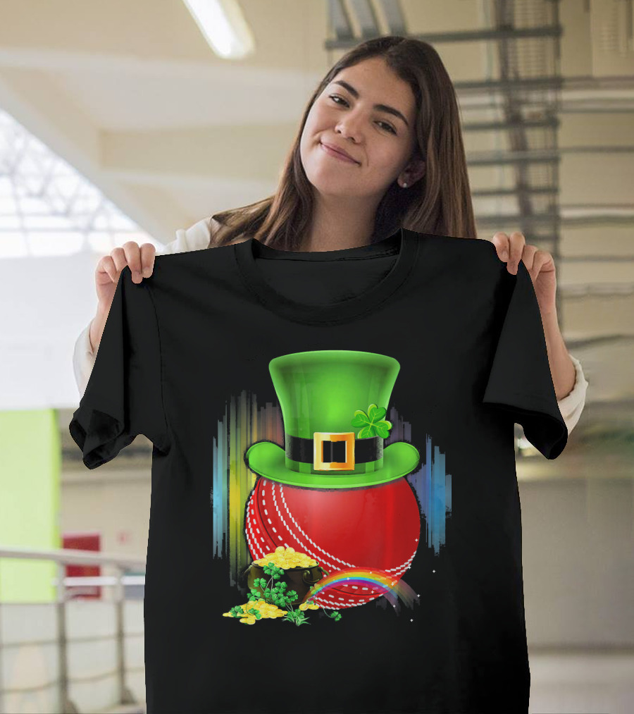 Cricket Ball Leprechaun Hat Rainbow Coin Saint Patricks T-Shirt