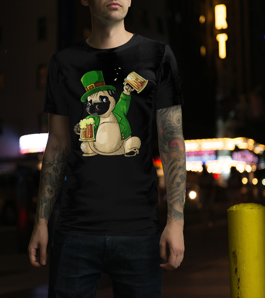 Irish Leprechaun Pug With Beer Mugs T-Shirt