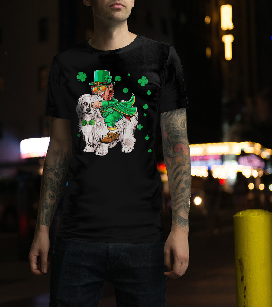 Leprechaun Riding Coton De Tulear With Shamrocks T-Shirt