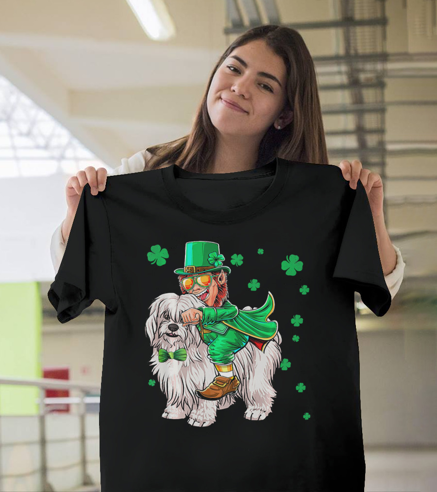 Leprechaun Riding Coton De Tulear With Shamrocks T-Shirt