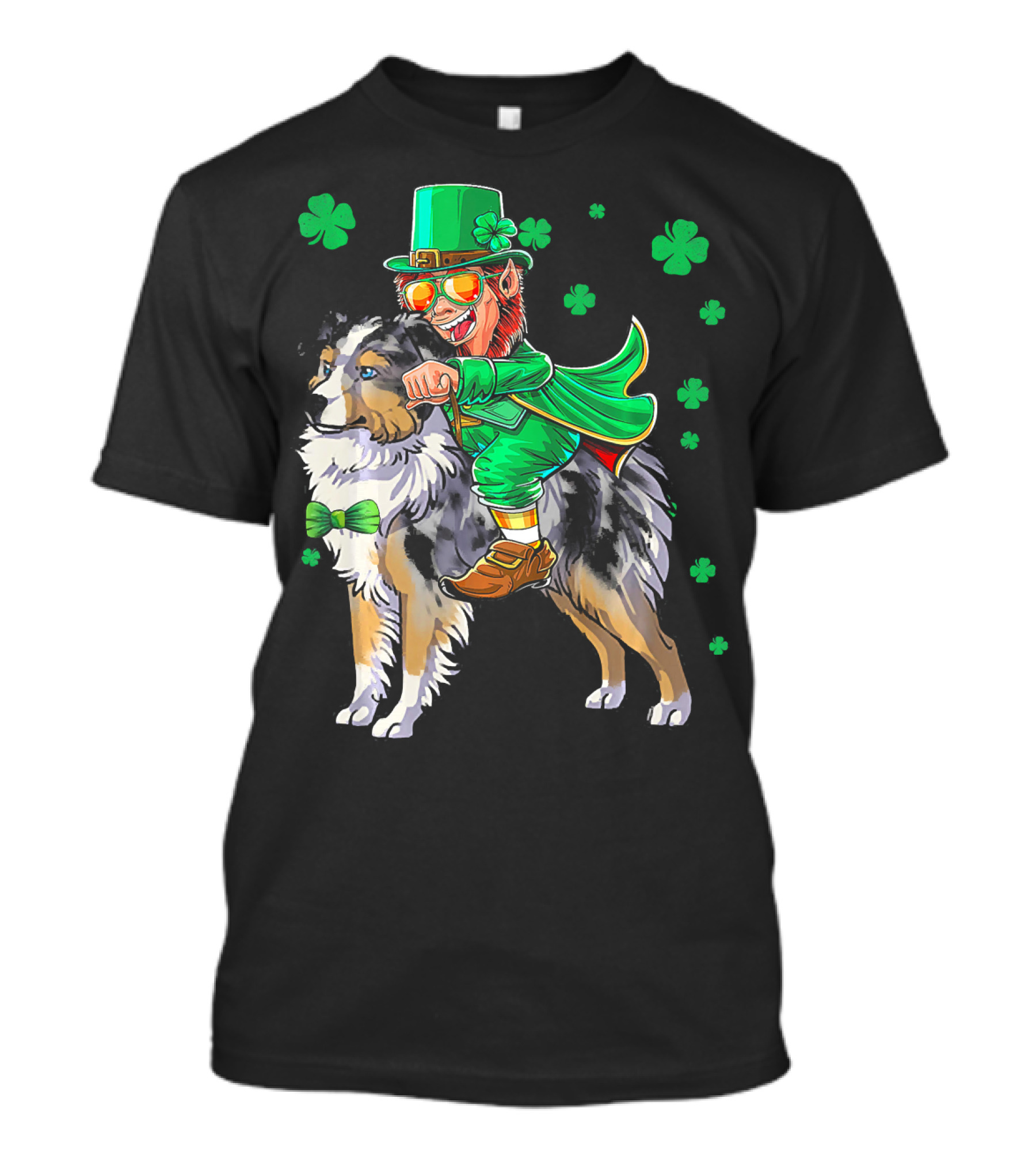 Leprechaun Riding Miniature Australian Shepherd With Shamrocks T-Shirt