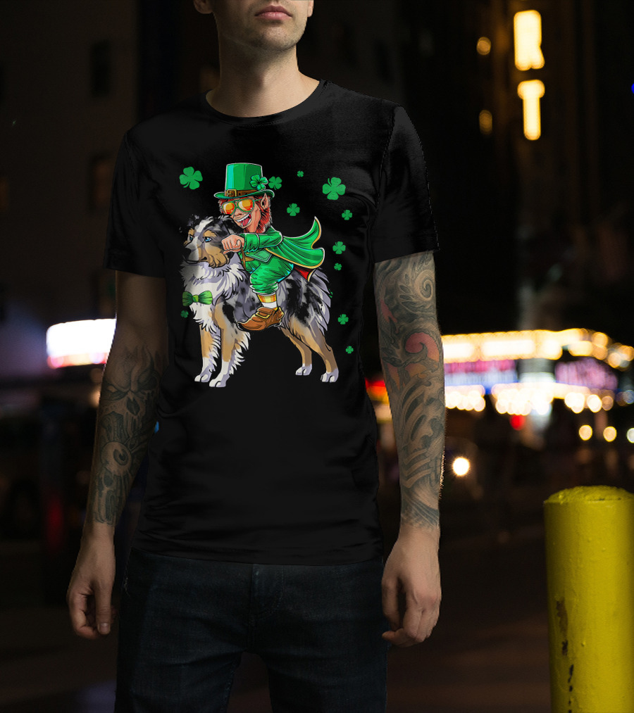 Leprechaun Riding Miniature Australian Shepherd With Shamrocks T-Shirt