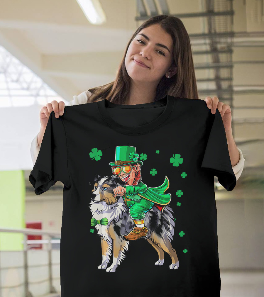Leprechaun Riding Miniature Australian Shepherd with Shamrocks T-Shirt