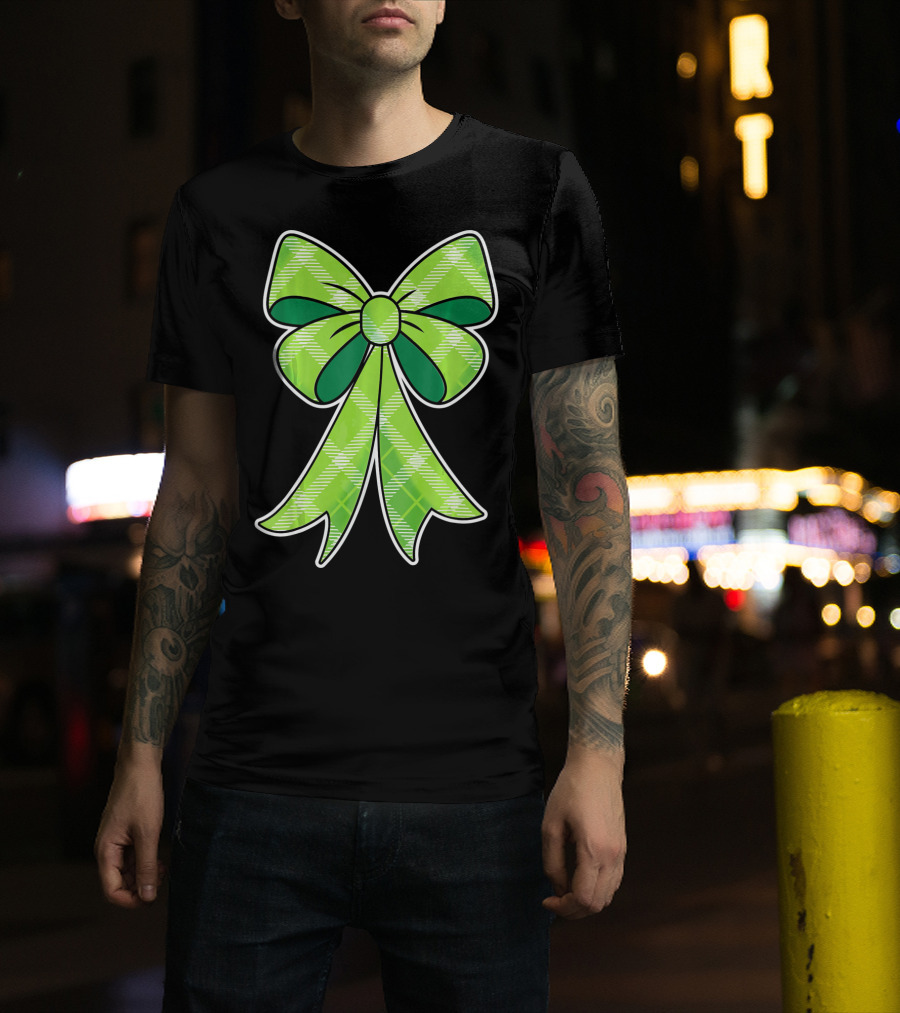 Girls St Patricks Day Green Plaid Bow T-Shirt