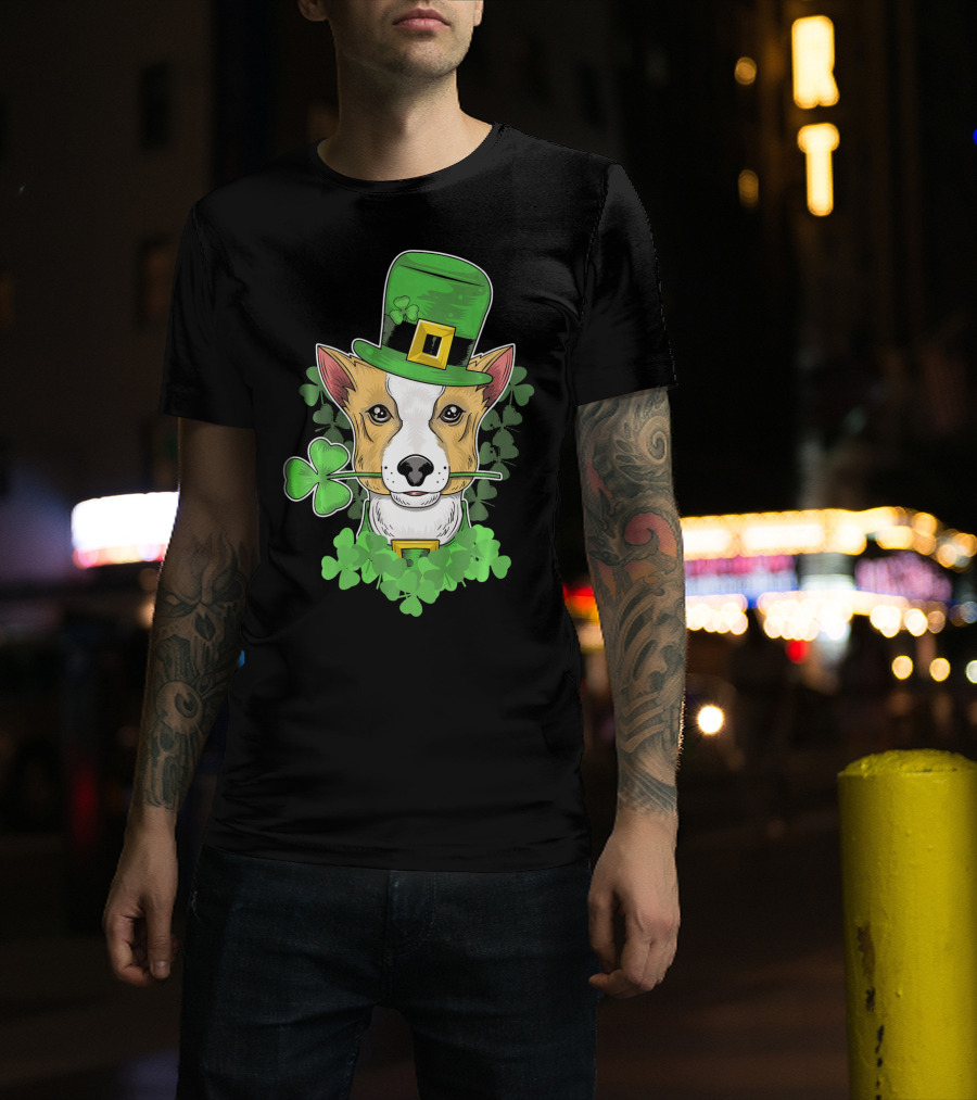 Happy Saint Patricks Day Corgi Wearing Leprechaun Hat And Shamrocks T-Shirt