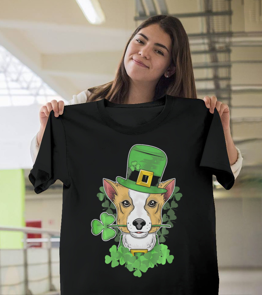 Happy Saint Patricks Day Corgi Wearing Leprechaun Hat and Shamrocks T-Shirt