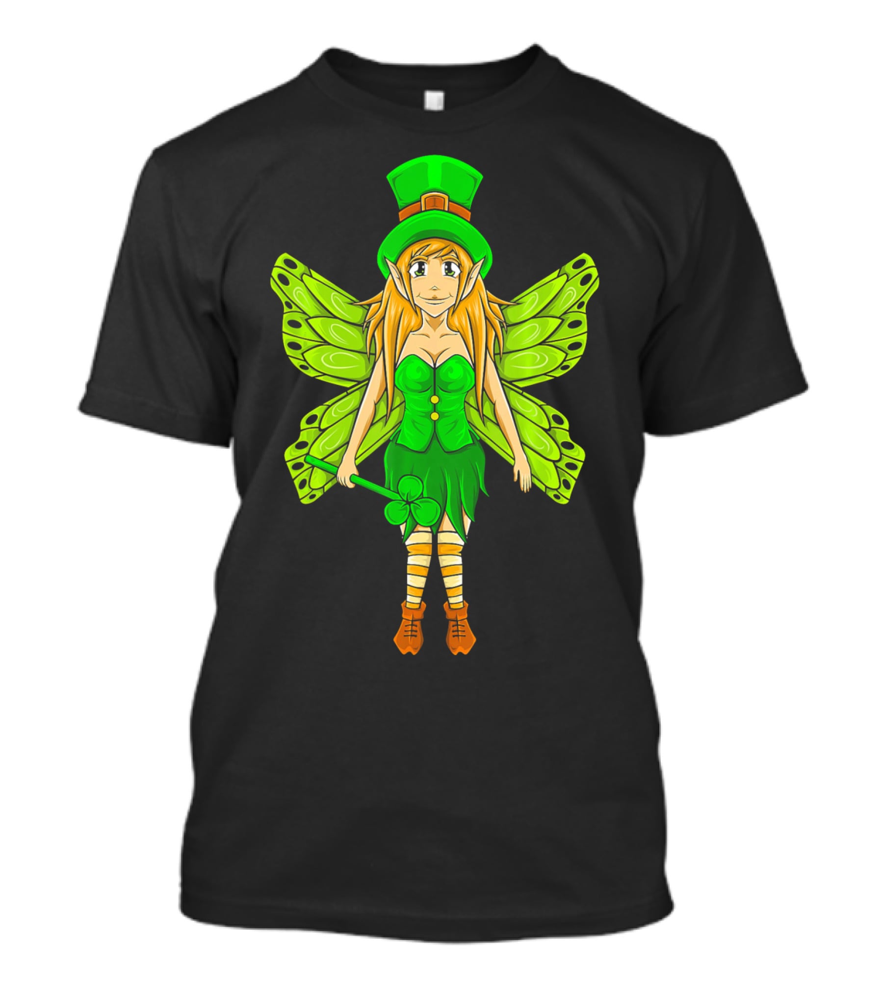 Funny St Patricks Day Leprechaun Fairy Girl With Green Wings And Clover Staff T-Shirt