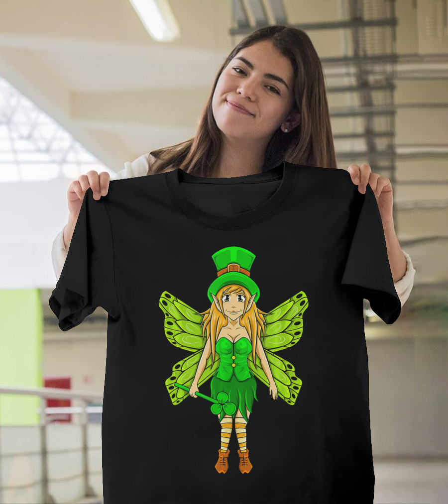 Funny St Patricks Day Leprechaun Fairy Girl With Green Wings And Clover Staff T-Shirt