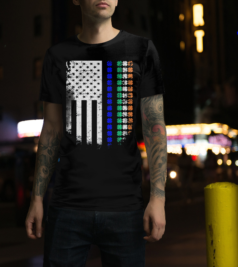 American Flag Irish Police Officer Shamrock Line T-Shirt