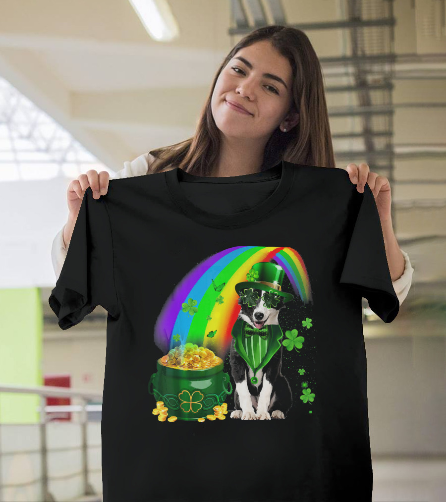Border Collie Irish Leprechaun with Rainbow and Pot of Gold Coins T-Shirt