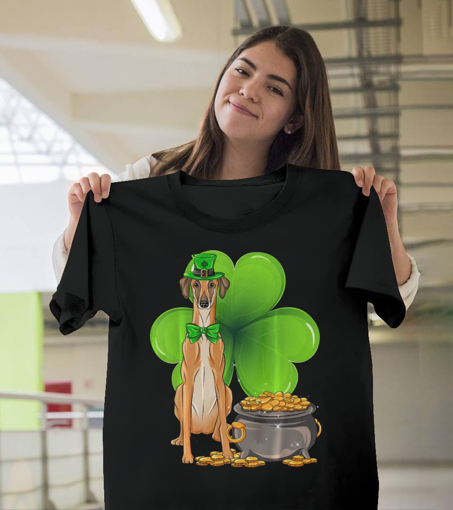 Sloughi Dog with Leprechaun Hat and Clover St Patricks Day Pot of Gold T-Shirt