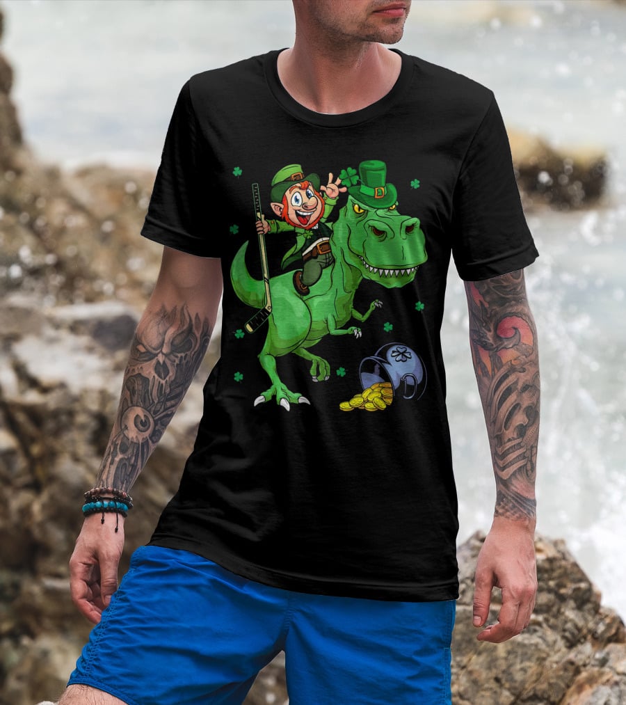 Funny St. Pat Rex Day Leprechaun Riding Dinosaur With Hockey Stick And Gold Coins T-Shirt