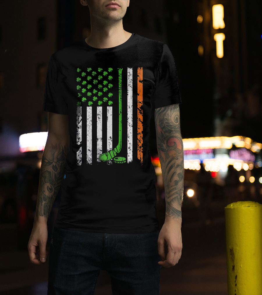 Irish American Hockey Flag With Shamrocks And Hockey Stick T-Shirt