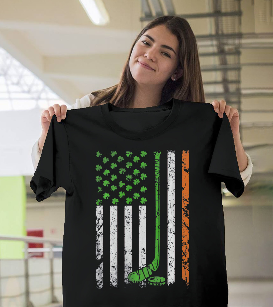 Irish American Hockey Flag With Shamrocks And Hockey Stick T-Shirt
