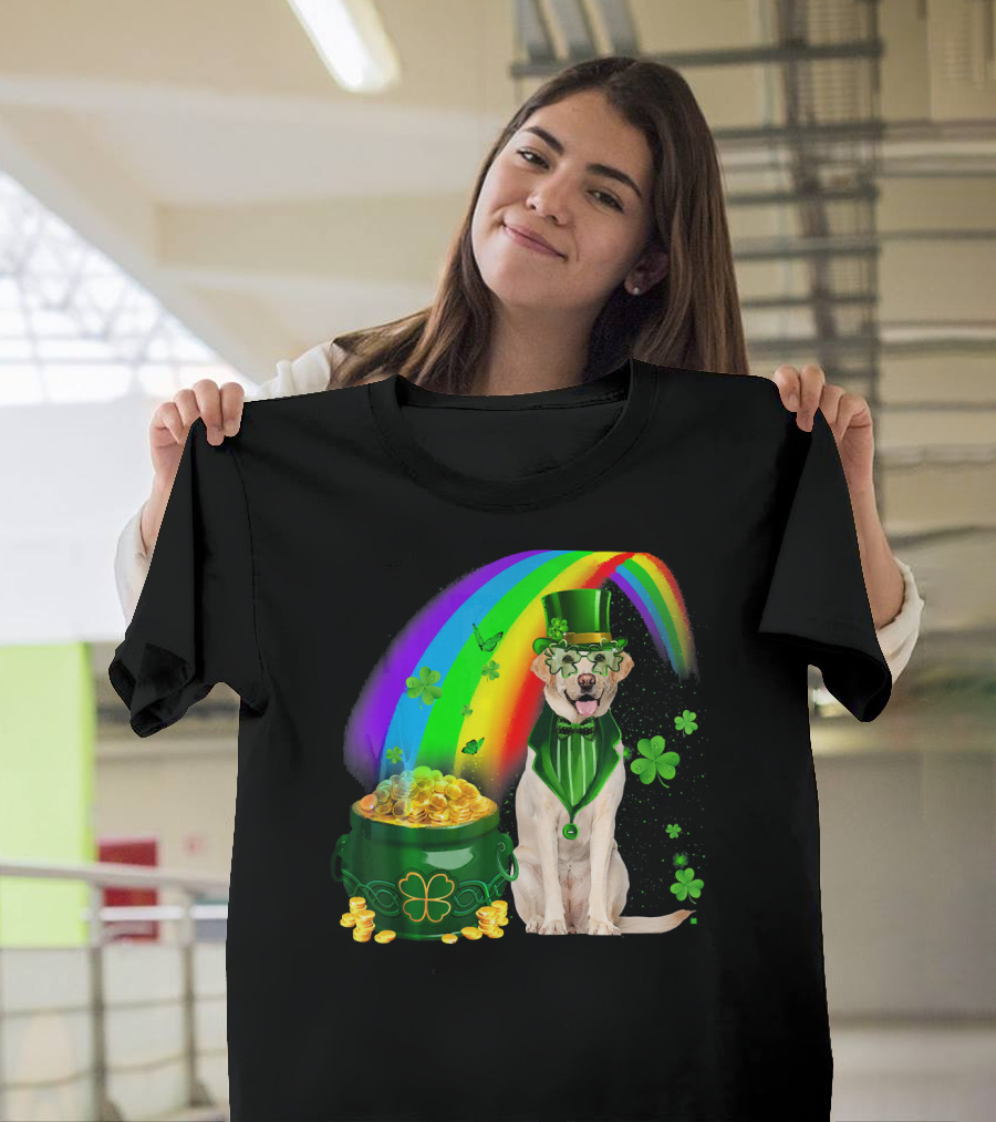Labrador Dog Leprechaun With Rainbow Coins And Shamrock Saint Patrick's Day Irish Charm T-Shirt