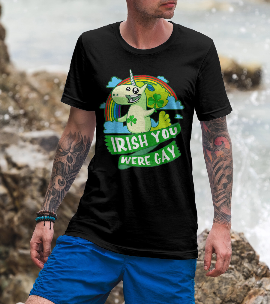 Unicorn Irish You Were Gay Rainbow Shamrock Clouds T-Shirt