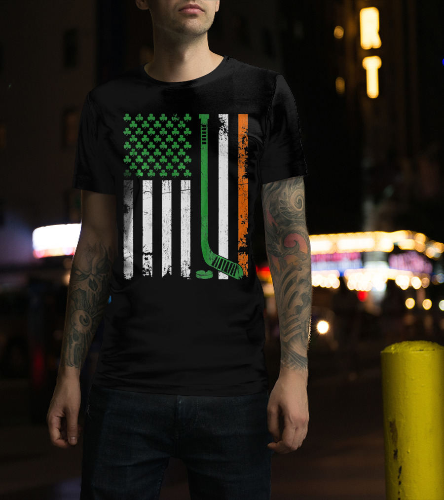 Irish American Flag Shamrock Hockey Stick T-Shirt