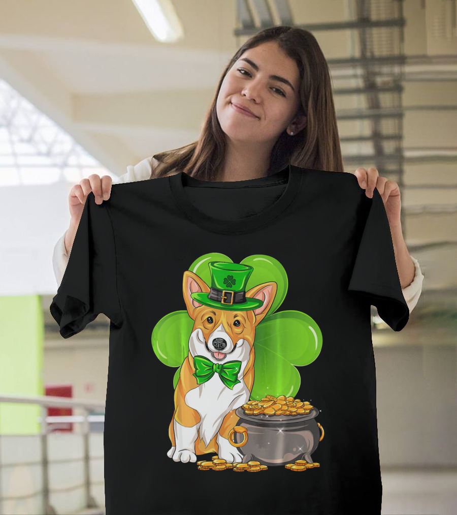 Pembroke Welsh Corgi St Patricks Day Leprechaun Hat Shamrock Pot Of Gold T-Shirt