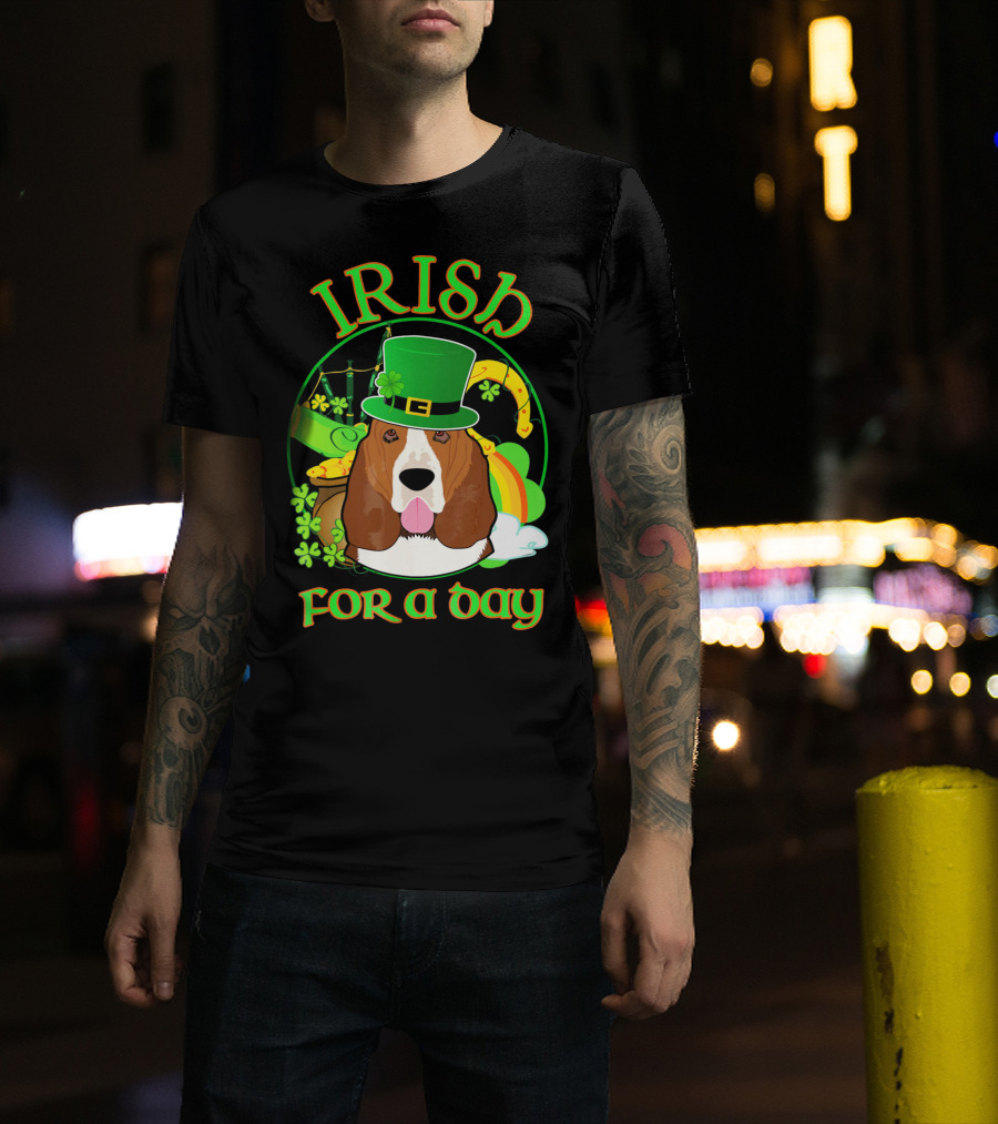 Irish For A Day Basset Hound Dog With Leprechaun Hat And Shamrocks T-Shirt