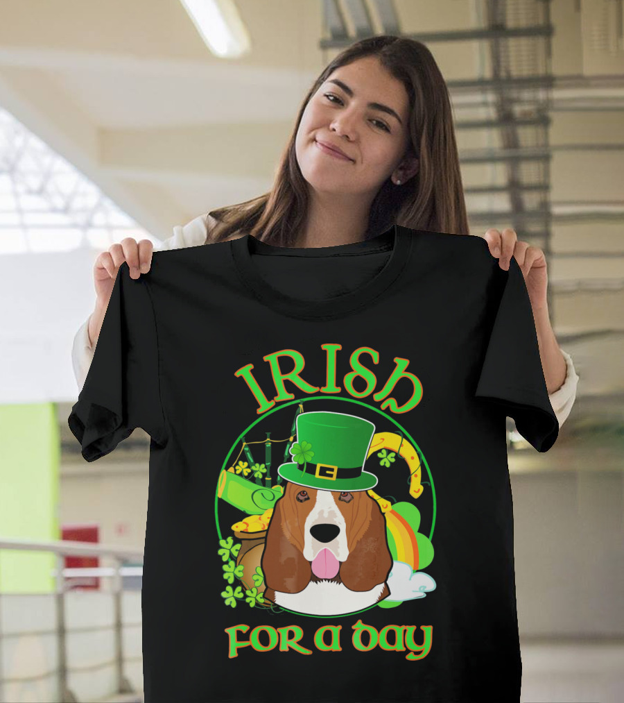 Irish For A Day Basset Hound Dog With Leprechaun Hat And Shamrocks T-Shirt