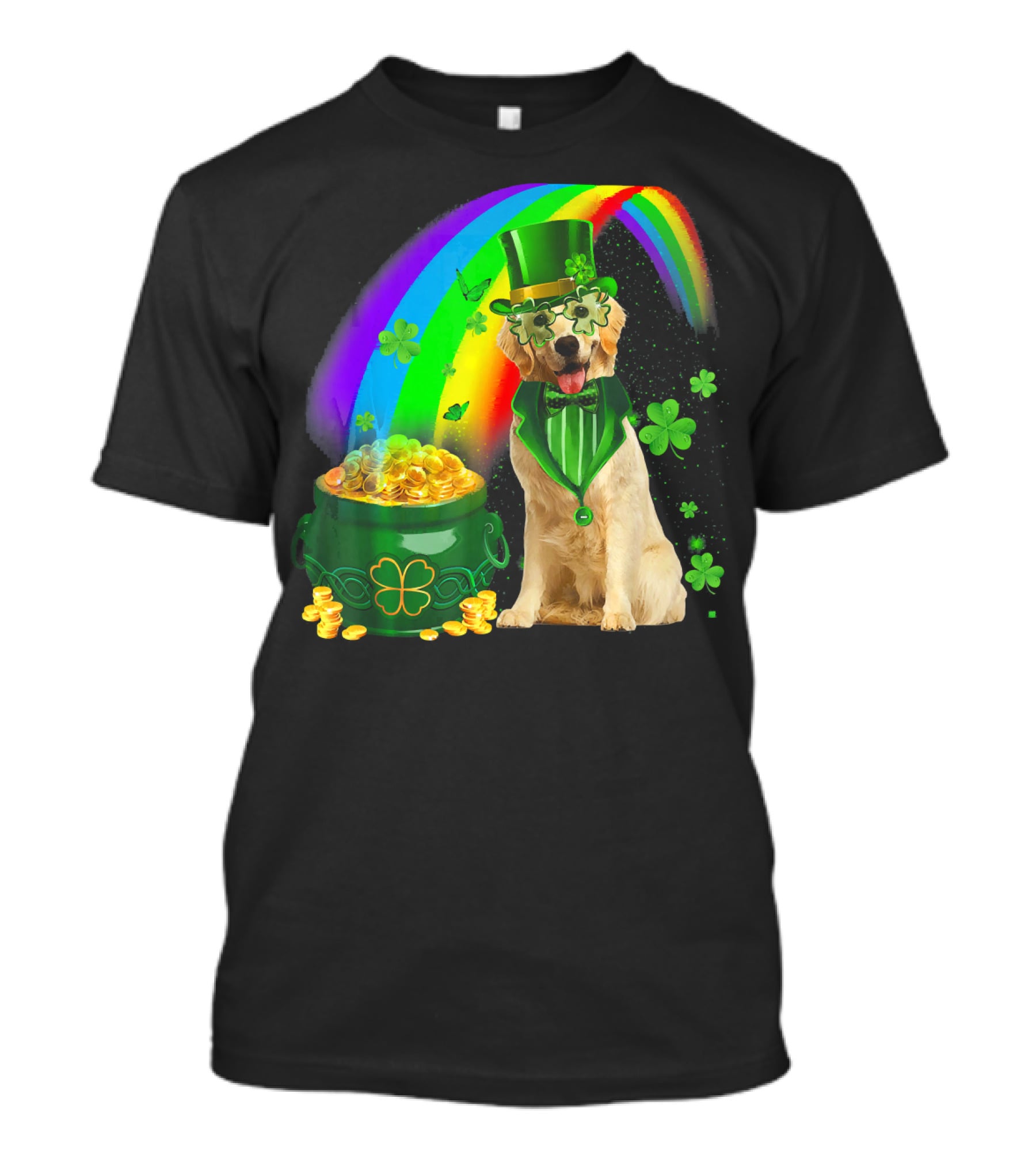 Golden Retrievers Dog Irish Leprechaun Rainbow Gold T-Shirt