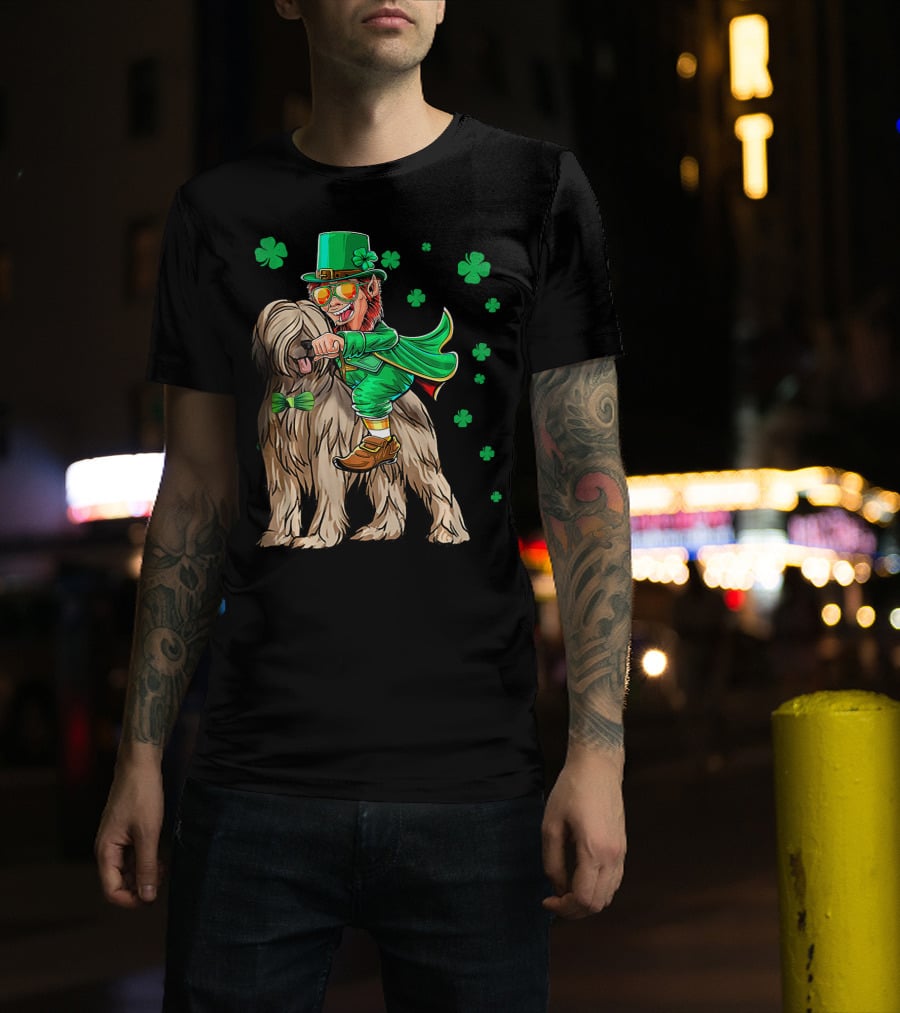 Leprechaun With Briard Surrounded By Shamrocks For St. Patrick's Day T-Shirt