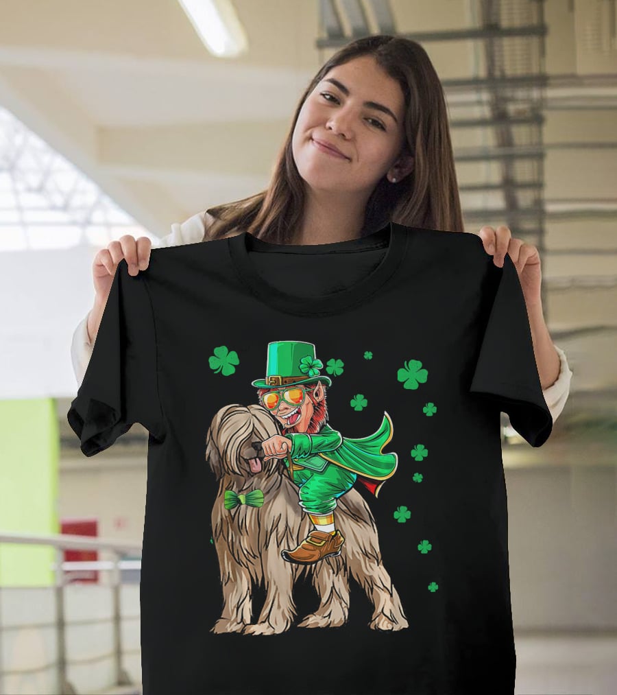 Leprechaun With Briard Surrounded By Shamrocks For St. Patrick's Day T-Shirt
