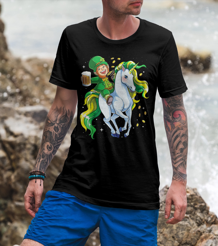 Leprechaun Riding Unicorn With Beer And Coins T-Shirt