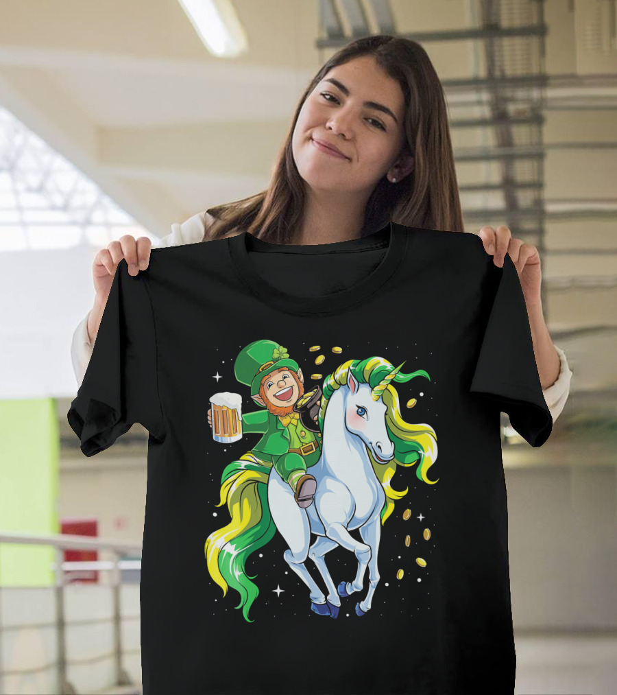 Leprechaun Riding Unicorn With Beer And Coins T-Shirt