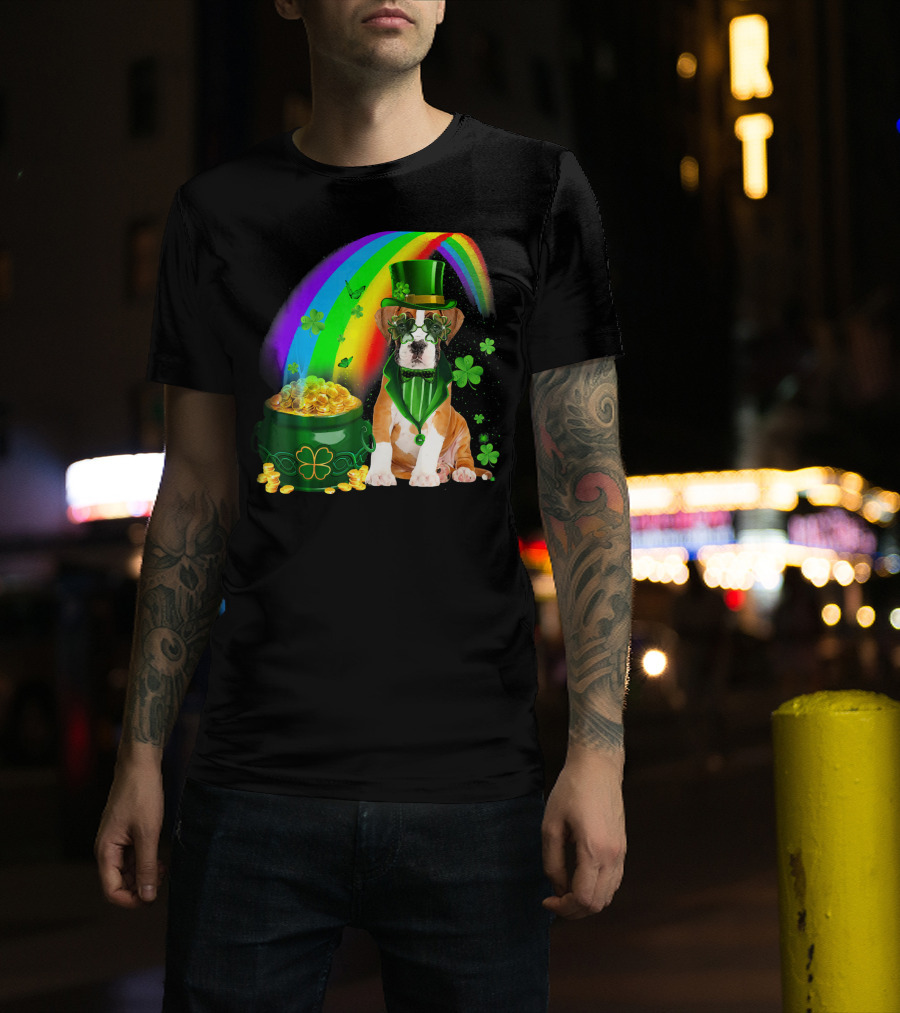 Boxer Dog Irish Leprechaun Coin Rainbow Clover Saint Patrick's Day T-Shirt