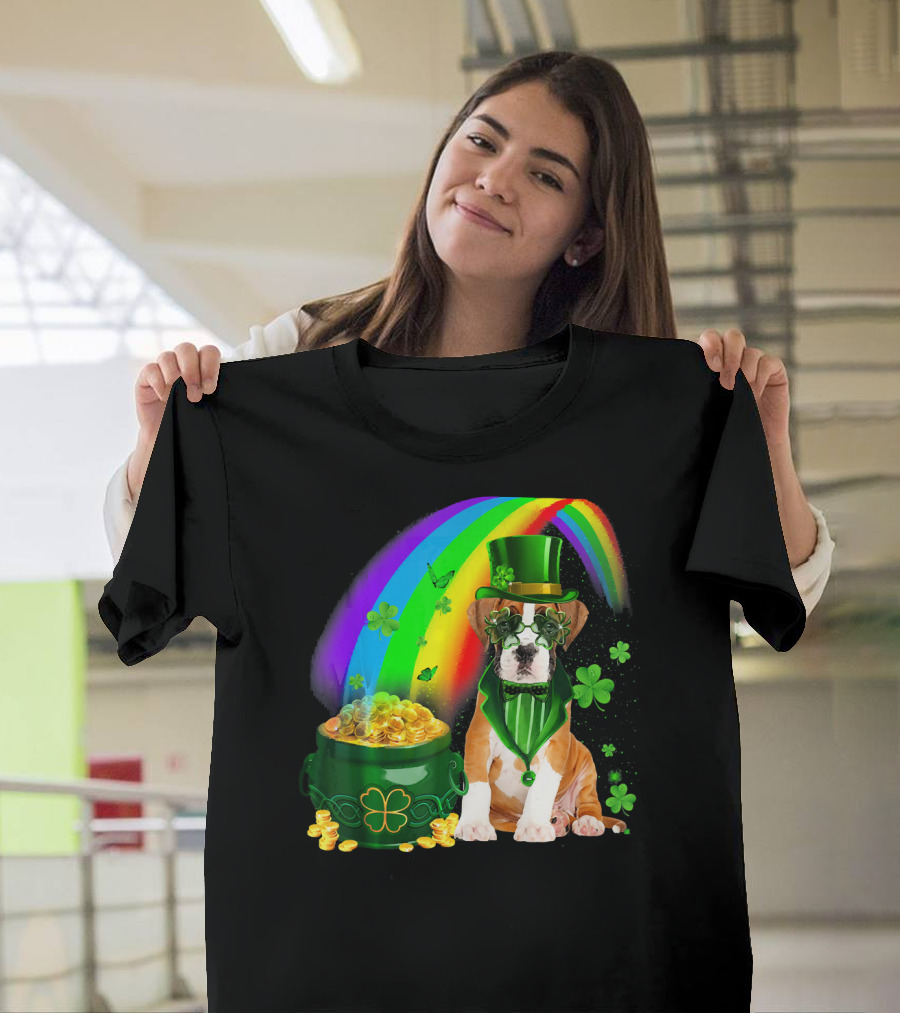 Boxer Dog Irish Leprechaun Coin Rainbow Clover Saint Patrick's Day T-Shirt
