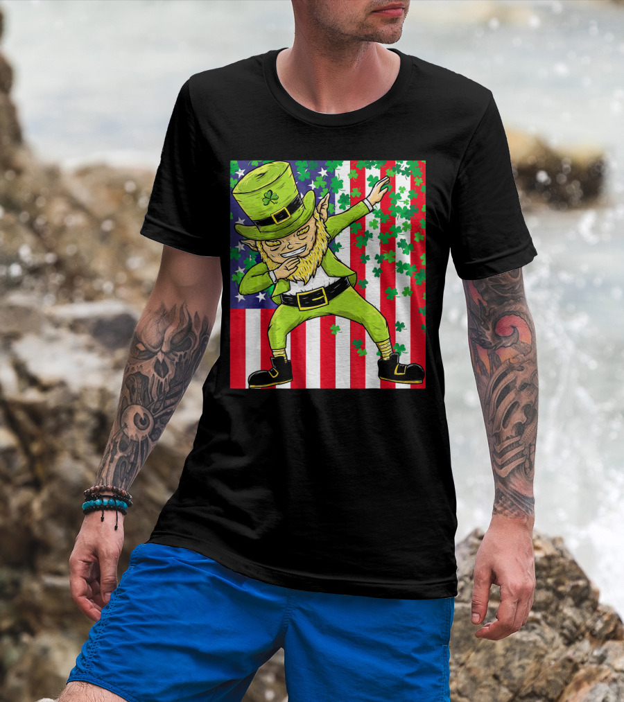 American Flag Dabbing Leprechaun St Patrick's Day Shamrocks T-Shirt