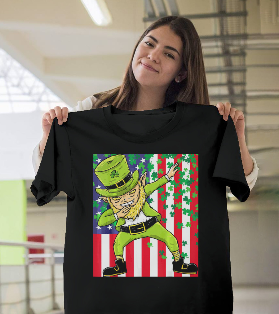 American Flag Dabbing Leprechaun St Patrick's Day Shamrocks T-Shirt