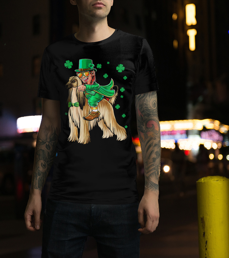 Leprechaun Riding Afghan Hound With Shamrocks St. Patrick's Day T-Shirt