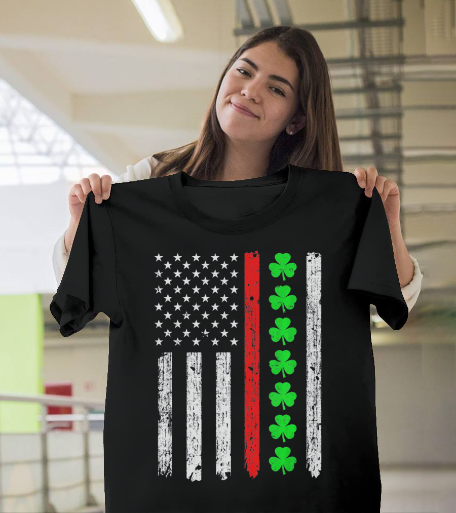 American Flag Thin Red Line Shamrock Irish St Patricks T-Shirt
