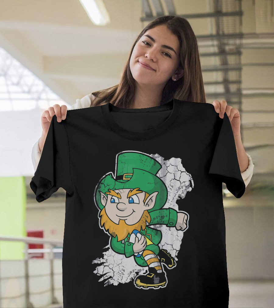 Irish Rugby Leprechaun With Rugby Ball On Cracked Background T-Shirt